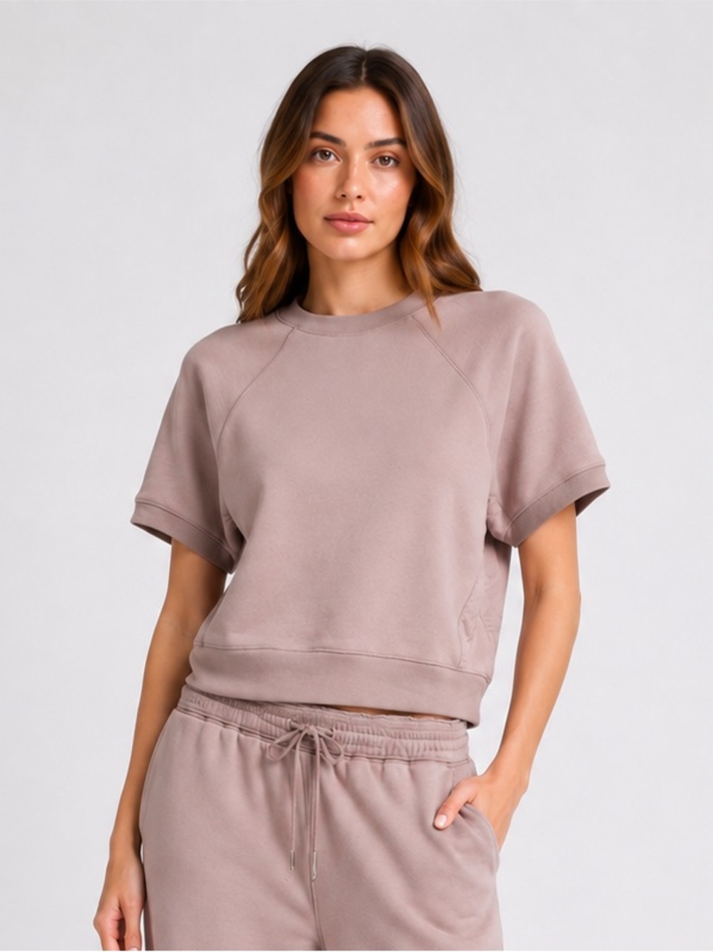 SKIMS French Terry Raglan Short Sleeve Sweatshirt | Fawn | Size S